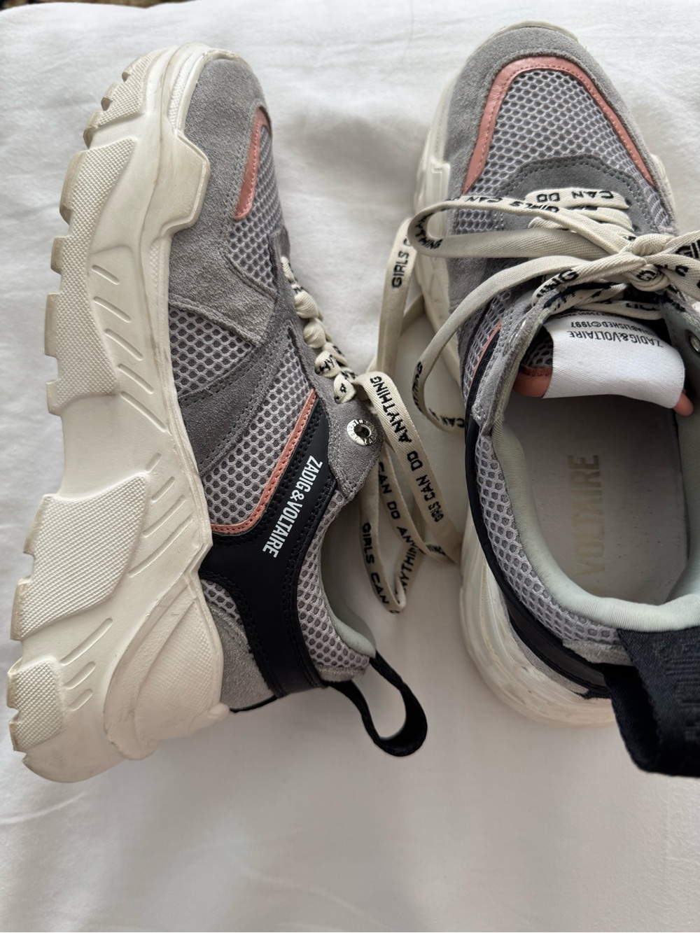 Zadig & Voltaire Kids Gray Mesh and Suede Sneakers with Pink Trim
